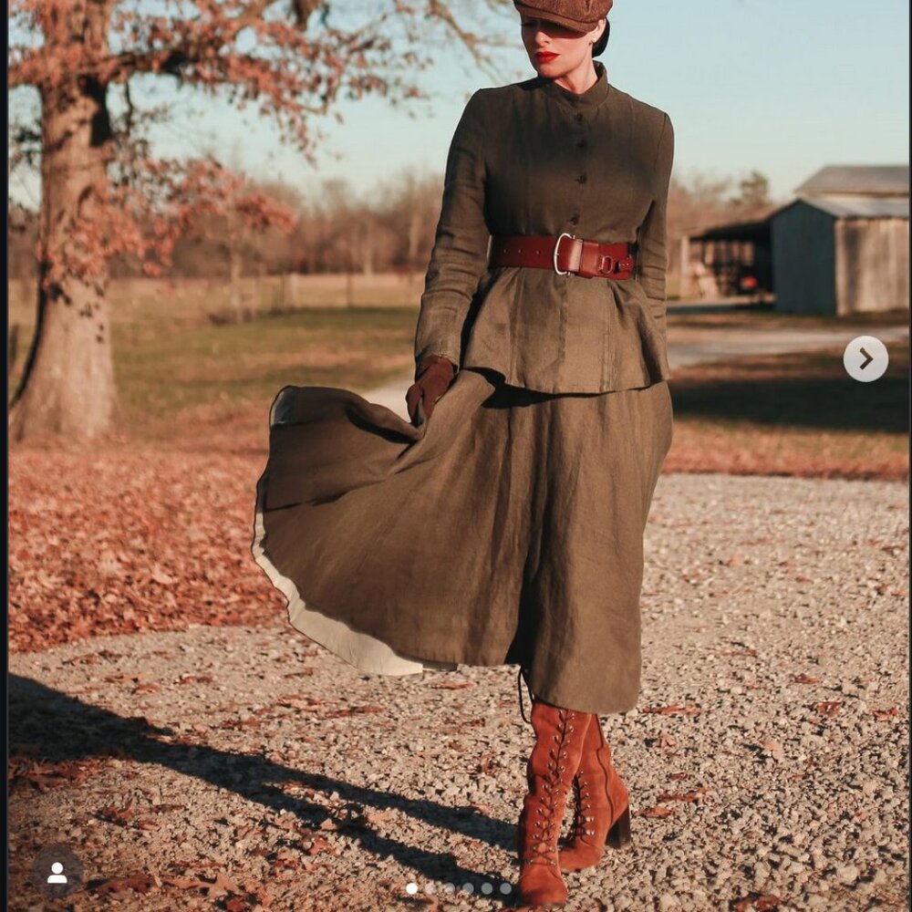 Son de Flor Olive Green Twill Linen Skirt - Picture 2 of 10